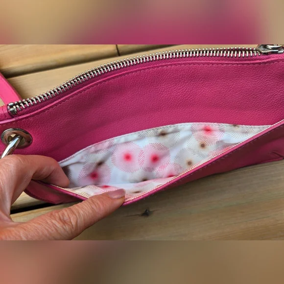 Pink Leather Wristlet w Unique Ring Strap, Front Pocket + Zipper Top - Picture 4 of 12